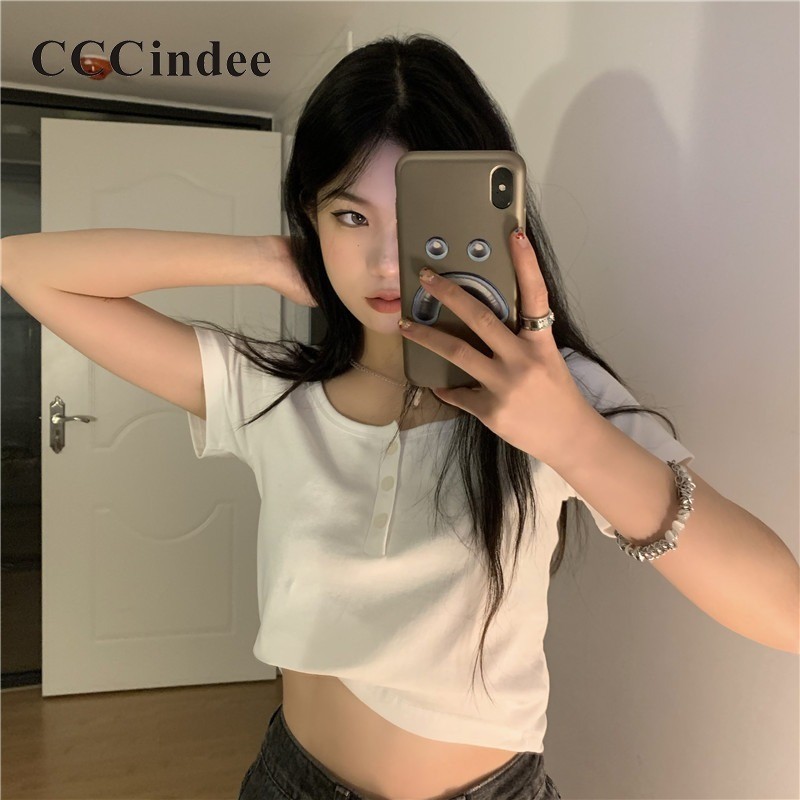 Cccindee ใหม่ เสื้อยืดครอป คอกลม แขนสั้น เข้ากับทุกการแต่งกาย แฟชั่นสําหรับผู้หญิง 2024