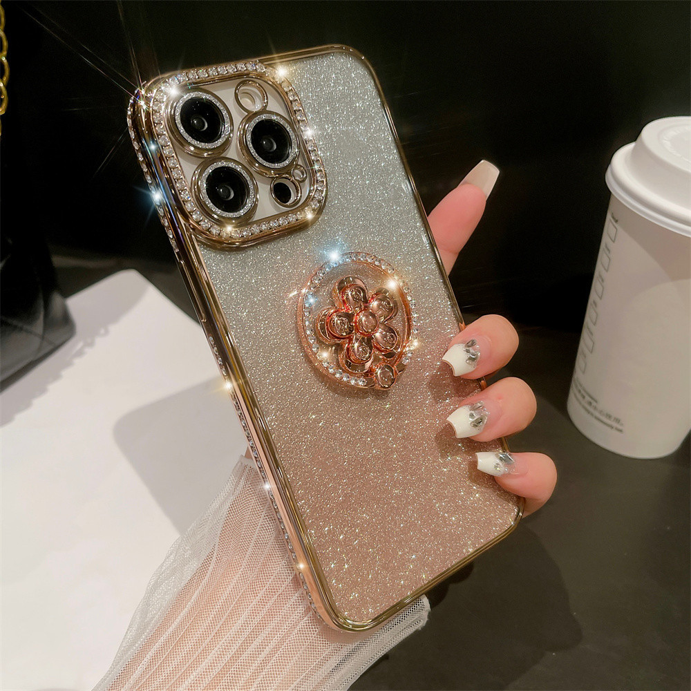 เคสโทรศัพท์มือถือ TPU นิ่ม ลายดอกไม้ ประดับเพชร หมุนได้ 360 องศา หลากสี สําหรับ iPhone 11 12 13 14 15 pro max 14 15 plus