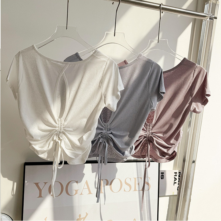 【YOGATRUTH】เสื้อครอปท็อป แต่งจับจีบ แต่งรูกลวง สวยงาม สไตล์สปอร์ต สําหรับเต้นรํา