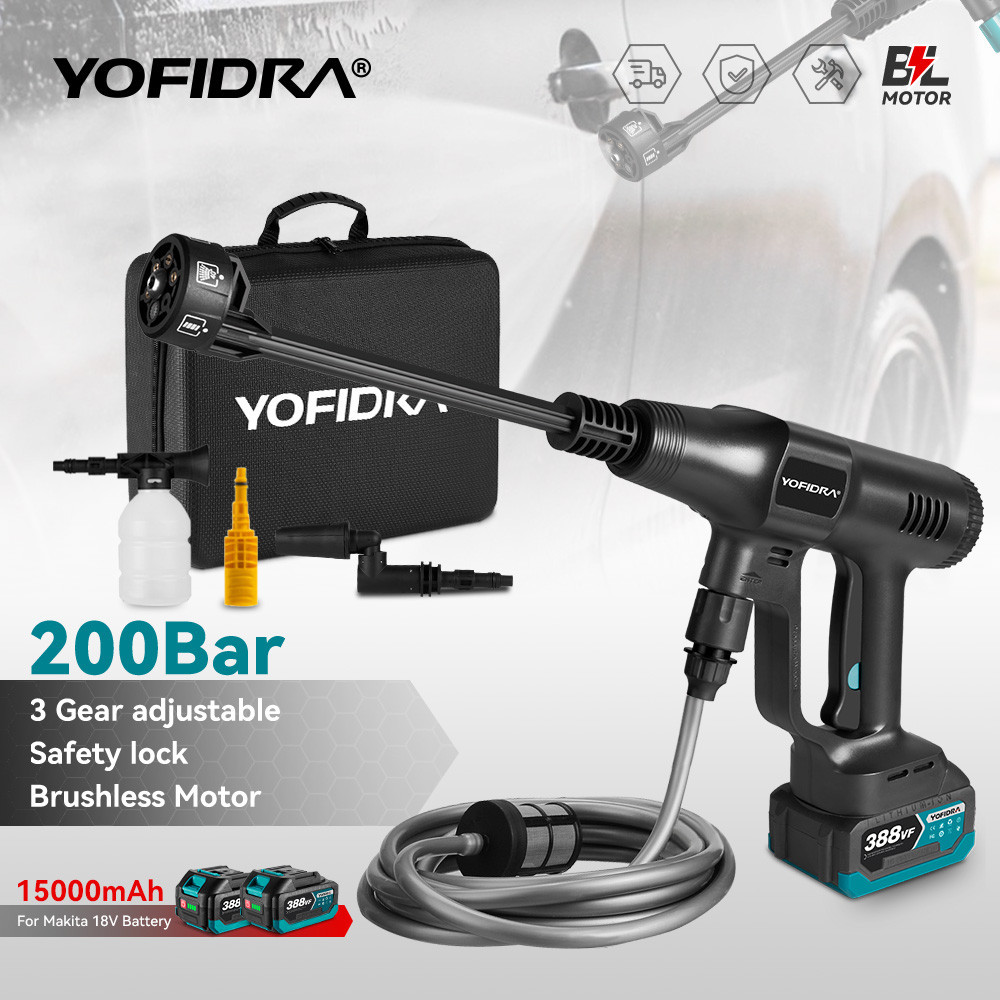 Yofidra ปืนฉีดน้ําไฟฟ้าแรงดันสูง ไร้สาย 3 เกียร์ 200Bar สําหรับแบตเตอรี่ Makita 18V
