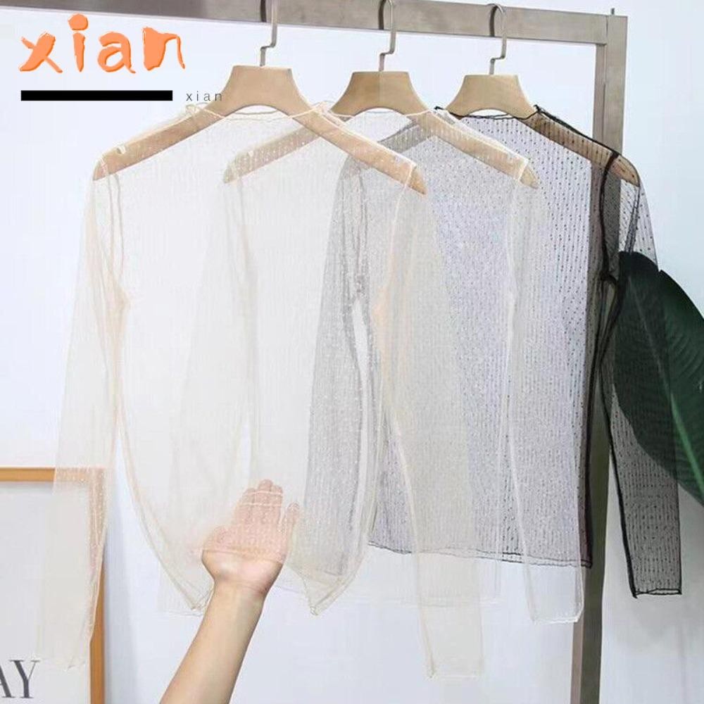 Xianen เสื้อยืดซีทรู แขนยาว ผ้าตาข่าย โปร่ง ใส่สบาย เหมาะกับเดินชายหาด แฟชั่นฤดูร้อน สําหรับผู้หญิง