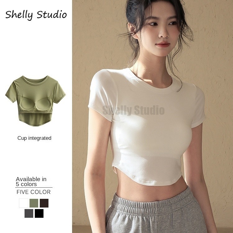 2 in 1 เสื้อครอปท็อป คอกลม แขนสั้น ลายก้างปลา ทรงไม่สมมาตร สําหรับผู้หญิง