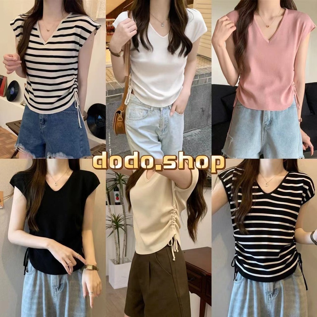 DODO*สินค้าพร้อมส่ง*เสื้อครอปแขนกุด คอวี ดีเทลรูดข้างเก๋ๆสีพื้นสวมใส่สบาย (51099)