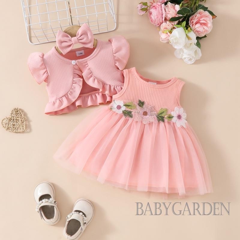 Baga-3 เดือน – 3 ปี เด็กผู้หญิง 3 ชิ้น เสื้อผ้าเจ้าหญิง ชุดแขนกุด Tulle + เสื้อกระดุม + ที่คาดผม