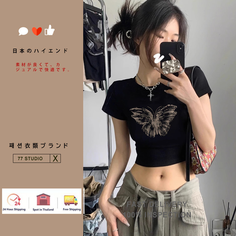 （พร้อมส่งจากกทม มาถึงใน 2วัน）เสื้อครอปแขนสั้น ผ้าคัตคอน นิ่มใส่สบาย #แขนสั้น 100%Cotton T-shirt เสื้อยืดผู้หญิง baby tee