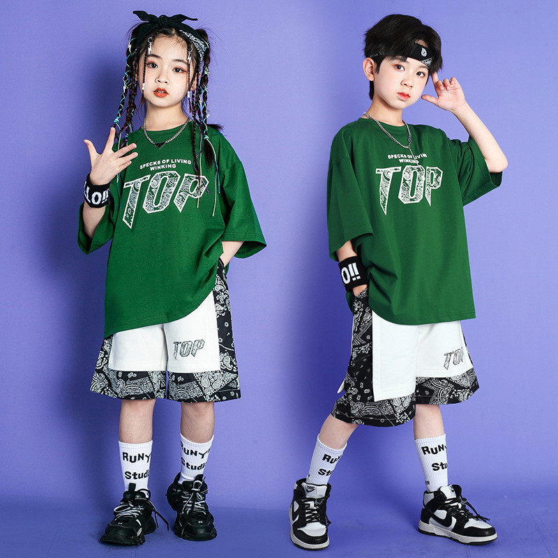 เสื้อยืดแขนสั้นลําลอง ผ้าฝ้าย และกางเกงขาสั้น ทรงหลวม สีเขียว แฟชั่นฤดูร้อน สไตล์เกาหลี สําหรับเด็กผู้ชาย และผู้หญิง อายุ 3-14 ปี