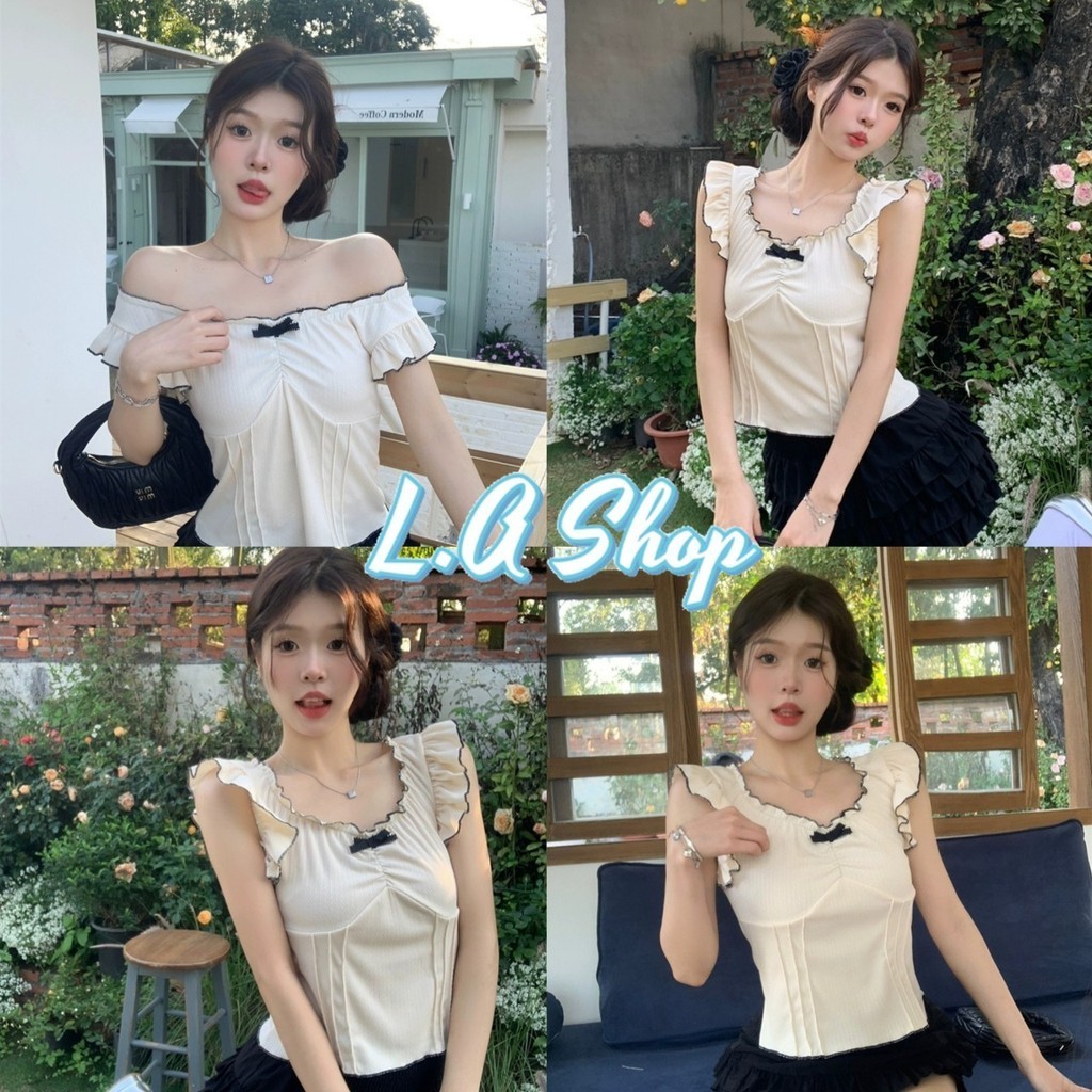 L.A Shop พร้อมส่ง เสื้อไหมพรมแขนสั้นดีเทลติดโบว์2สี น่ารัก "M2530"