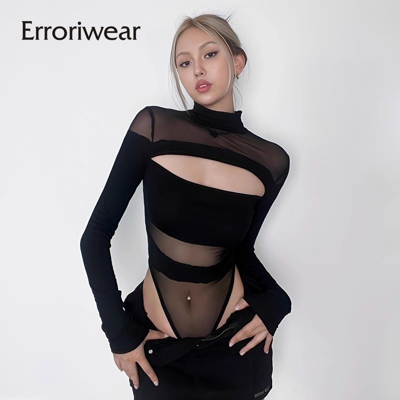 Errokiwear บอดี้สูทสำหรับผู้หญิง แบบโปร่งแสง สีทึบ แขนยาว ดีไซน์ Hollow Out และฟิตเนส