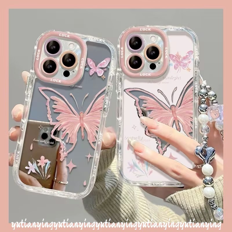 เคสโทรศัพท์มือถือ ลายผีเสื้อ ประดับมุก พร้อมกระจกแต่งหน้า และสายคล้องข้อมือ สําหรับ IPhone 13 7Plus 15 11 14 12 Pro Max XR XS Max X 15 7 8 Plus