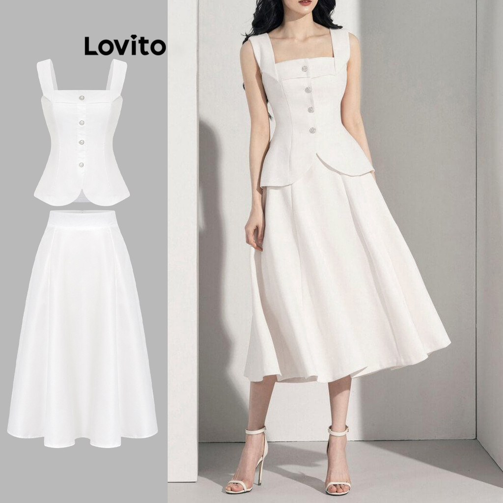Lovito ชุดเซ็ทกระโปรง แต่งจีบ พร้อมเสื้อแขนกุด มีกระดุม สีพื้น สไตล์ลำลอง สำหรับผู้หญิง L80ED410