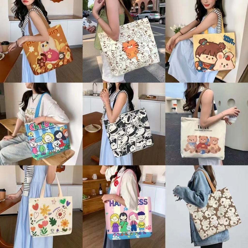 (A22) กระเป๋าผ้า แคนวาส ลายการ์ตูน แฟชั่น ใส่ของได้เยอะ มีซิป