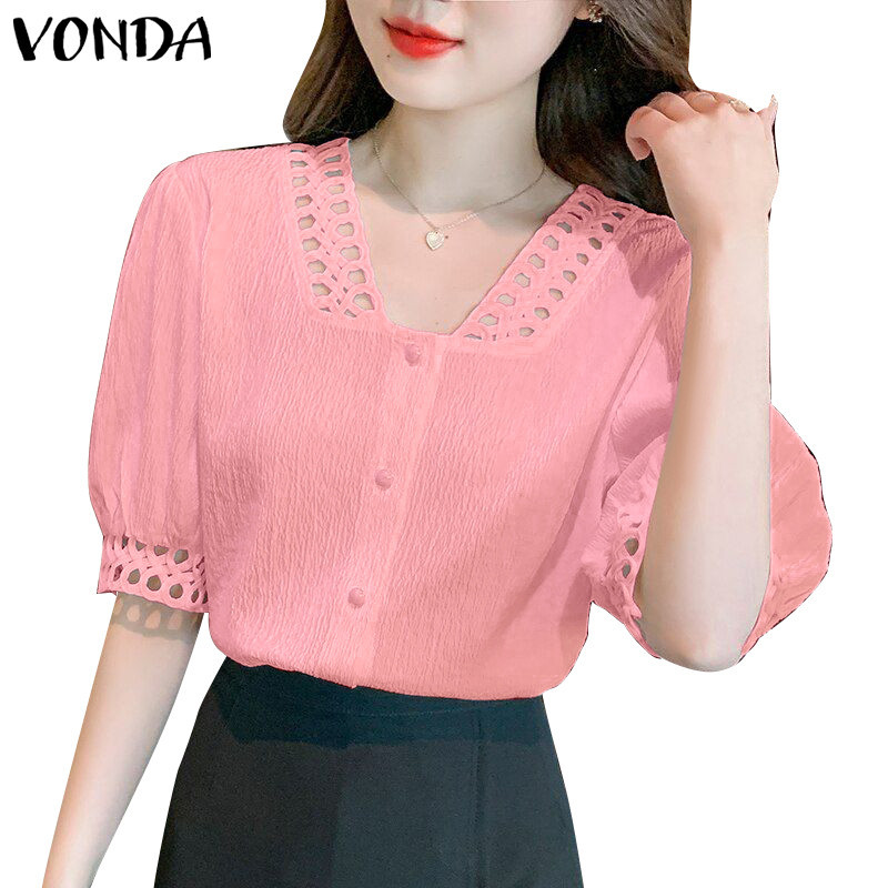 Vonda เสื้อเบลาส์ คอสี่เหลี่ยม แขนทรงโคมไฟ เย็บปะติดปะต่อกัน สไตล์เกาหลี สําหรับผู้หญิง