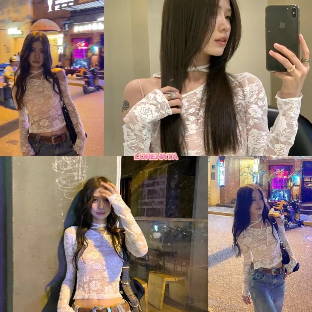 LORENATA (จัดส่งจากกรุงเทพฯ) เสื้อเชิ้ตผูกคอลูกไม้แขนยาวทรงสลิมฟิตเสื้อปาดไหล่สั้น
