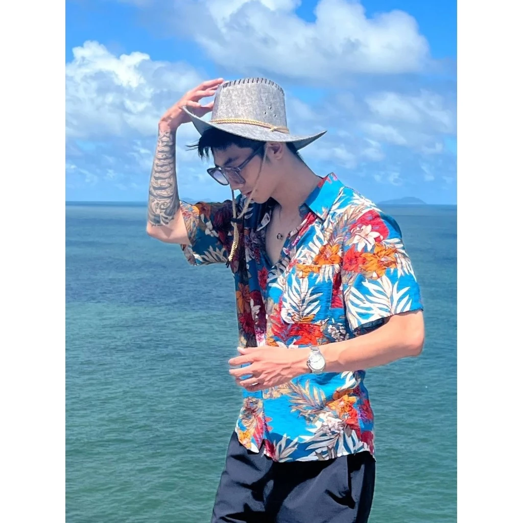 เสื้อฮาวายลายดอก ผู้ชาย แขนสั้น ผ้าไหมอิตาลี สีเขียว #305 thumbnail 4