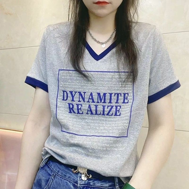 เสื้อยืด - ฤดูร้อนแฟชั่นของผู้หญิงระดับไฮเอนด์ที่เรียบง่ายสันทนาการพิมพ์ผ้าฝ้ายคอวีแขนสั้นด้านบน