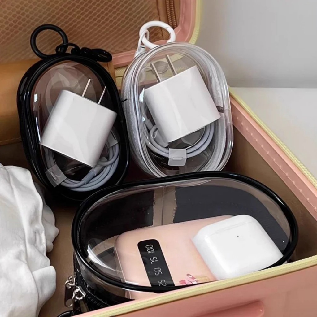กระเป๋าเก็บสายเคเบิลข้อมูลแบบพกพาพร้อมขาตั้งสายใส Organiser Mini Travel Cable-Winder แต่งหน้าลิปสติกกระเป๋าเก็บ