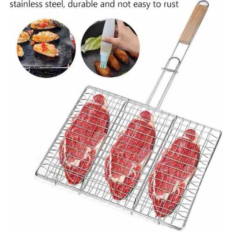 ตะแกรงปิ้งย่างสแตนเลส ไม่ขึ้นสนิม ตะแกรงปิ้งปลา ด้ามจับไม้ ขนาด 13*47 ซม.ฉนวนกันความร้อน Fish-seafood ตะแกรงย่างปลา - รูปที่ 5