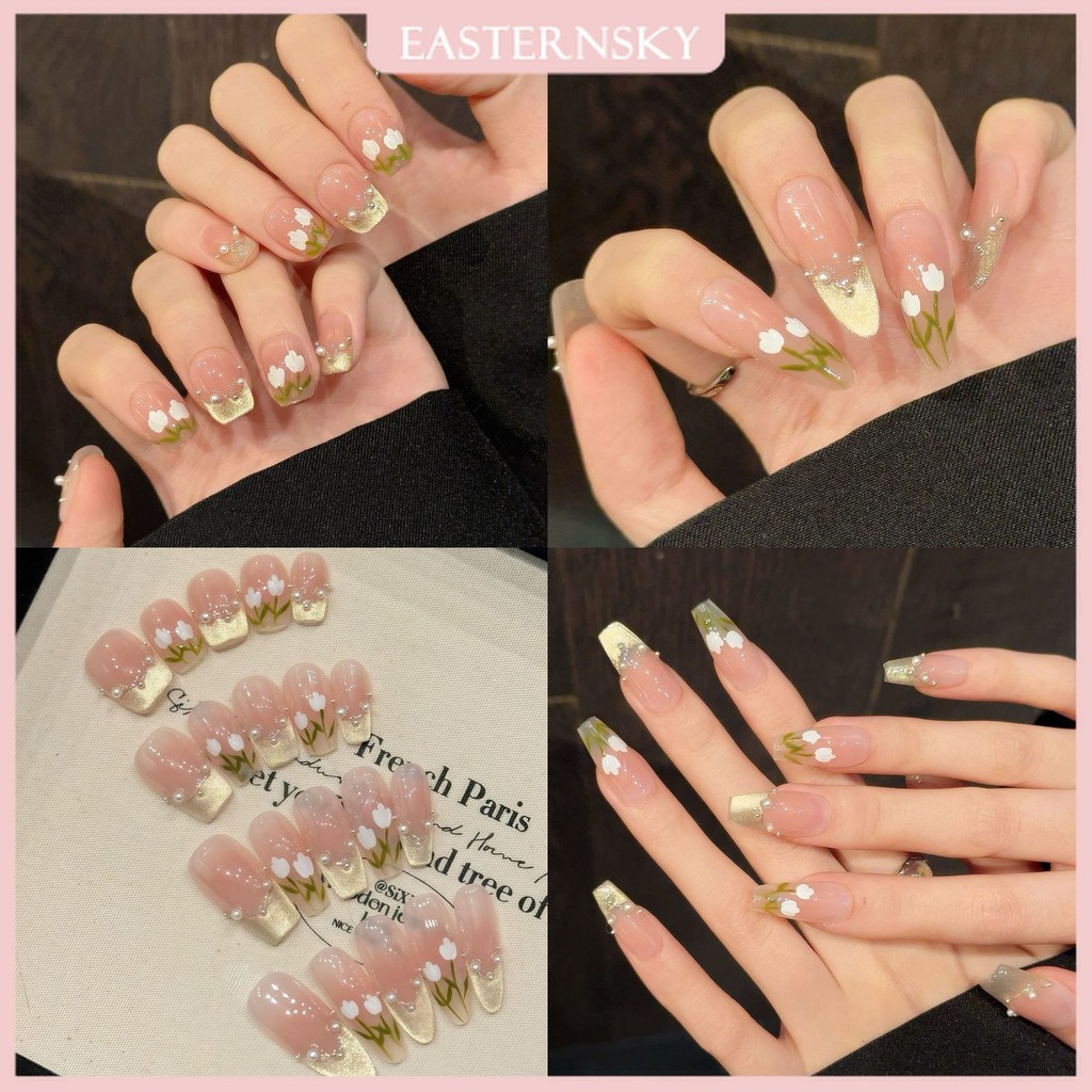 [กาวฟรี] แฮนด์เมดคริสตัลทิวลิปมุกแมวตาเล็บฤดูใบไม้ผลิเล็บปลอมที่สง่างามนํามาใช้ใหม่เล็บที่ถอดออกได้สําหรับผู้หญิง