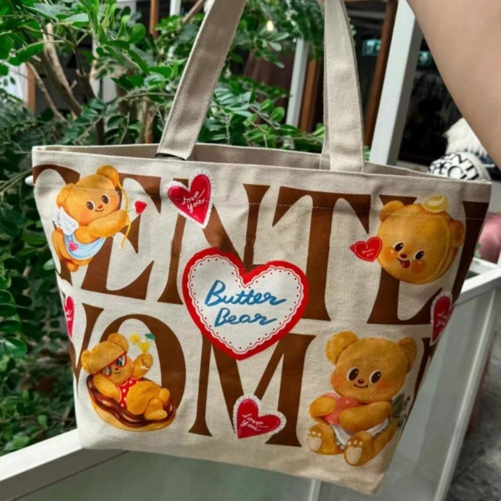 กระเป๋าผ้าแคนวาส REAYA พิมพ์หมีเนยพร้อมกระเป๋าสะพายซิป น่ารัก Commuting ความจุขนาดใหญ่ Tote Bag Women
