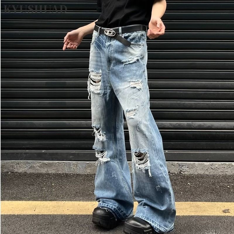 KYUSHUAD  กางเกงผู้ชาย อเมริกันย้อนยุคล้างฉีกกางเกงยีนส์ไมโครlapped