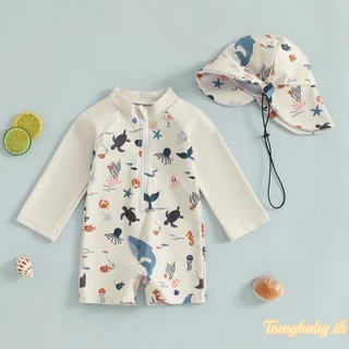 Tomybaby-ชุดว่ายน้ำเด็กชายแขนยาวลายสัตว์ทะเลลำลองพร้อมซิป + หมวก