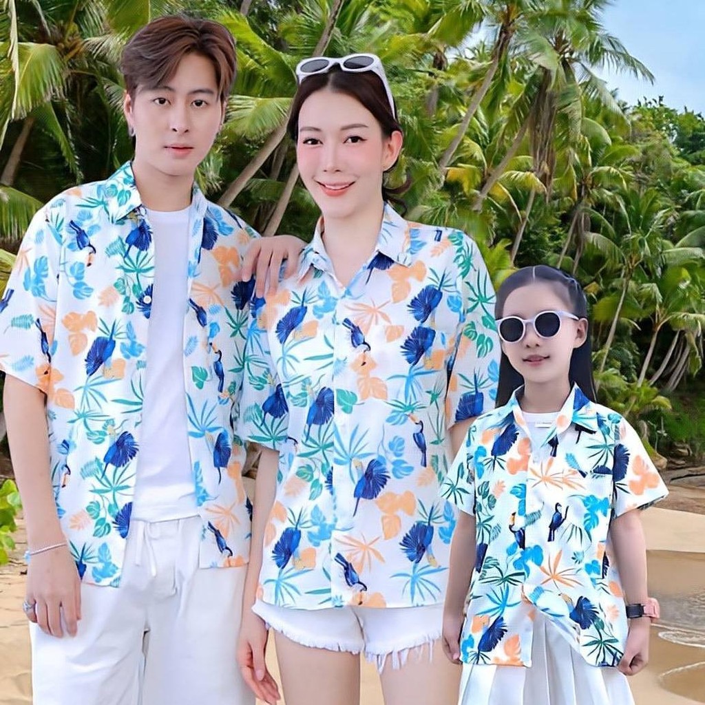 PINK109# เสื้อฮาวาย ทรงวัยรุ่น หญิงชายใส่ได้ ผ้าโพลีพรีเมี่ยม ไซส์เด็ก-ผู้ใหญ่ งานป้าย ลายคมชัด **1ตัว**