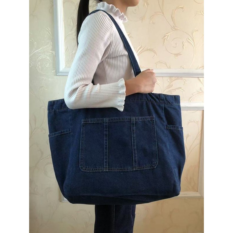 สไตล์ใหม่ 2025 ญี่ปุ่น เดนิม สิริ กระเป๋าผู้ชายผู้หญิงกระเป๋าสะพายไหล่สบายๆบิ๊กแม่กระเป๋าที่มีซิปกับกระเป๋าด้านใน - รูปที่ 4