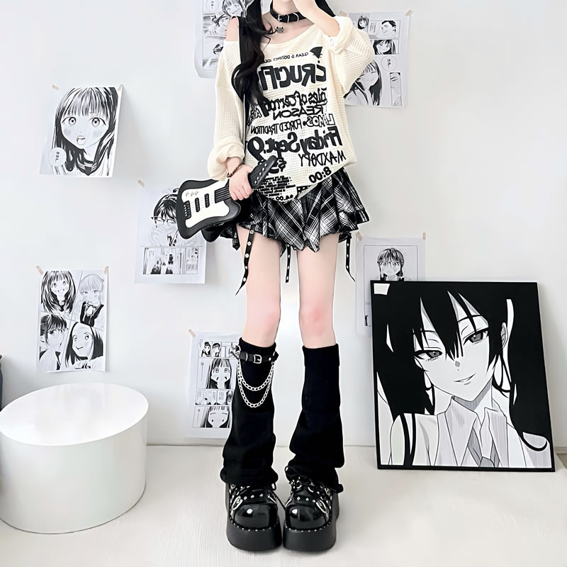 รักโซ่หนังหัวเข็มขัดถักถุงเท้าขากว้างสําหรับผู้หญิง ย2เค วัฒนธรรมย่อยขาบานชุดสีขาวบุคลิกภาพขาแหวนซ้อนกลางหลอดถุ - รูปที่ 2