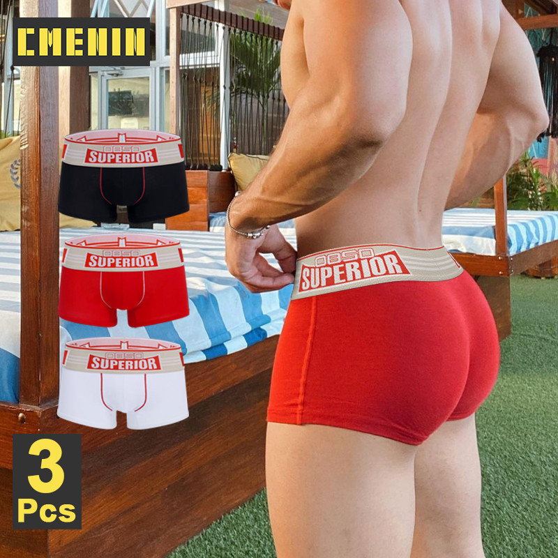 Cmenin BS กางเกงบ็อกเซอร์ ผ้าฝ้าย เข็มขัดกว้าง ยกสะโพก เซ็กซี่ สําหรับผู้ชาย 3 ชิ้น BS845