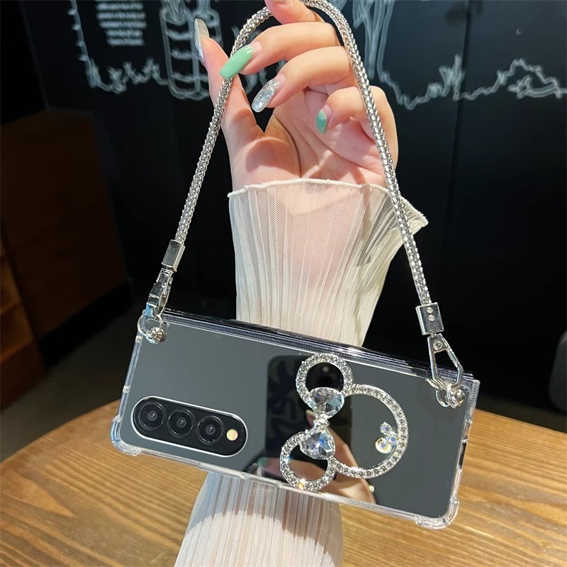 เคสโทรศัพท์มือถือ กันกระแทก พร้อมกระจกแต่งหน้า ลายมินนี่เมาส์ และสายโซ่คล้อง แบบพกพา สําหรับ Samsung