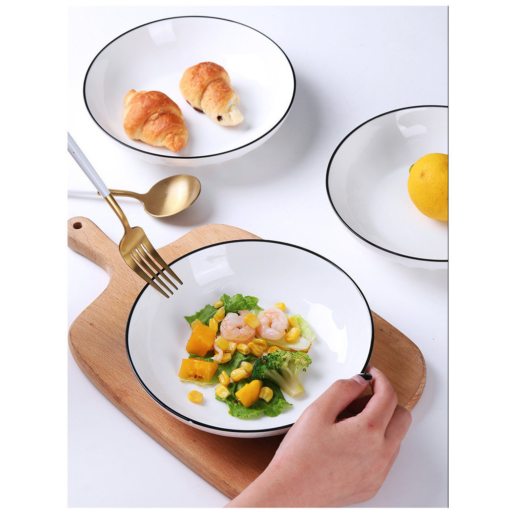 ถ้วยจานเซรามิคสีขาวขอบดำ ทรงบัว สไตล์มินิมอล ทรงสวย สามารถเข้าไมโครเวฟได้*พร้อมส่งจากไทย*