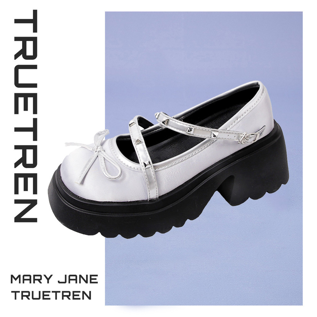 Truetren รองเท้าแมรี่เจนหนัง เสริมส้น 7 ซม. สไตล์ Y2K สีเงิน สําหรับผู้หญิง นักเรียน