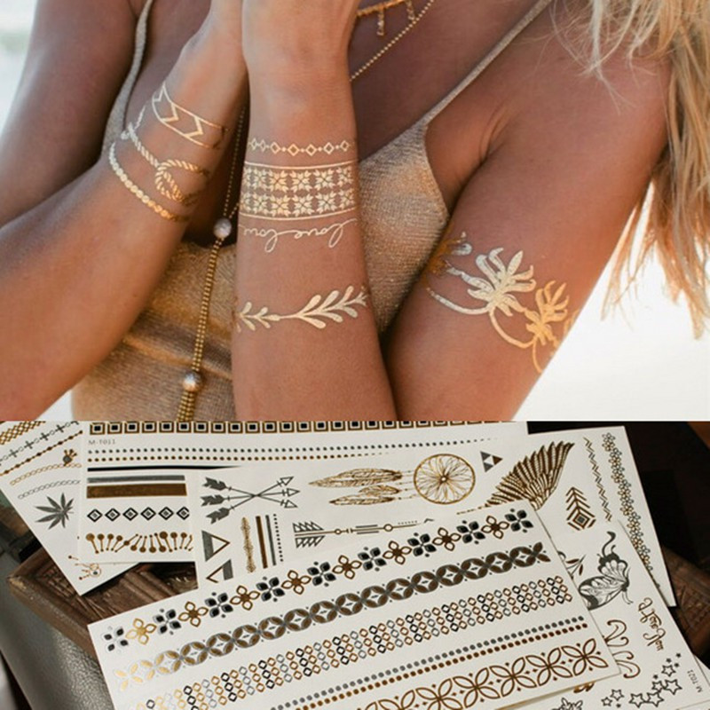 สติกเกอร์รอยสักชั่วคราว ลายตัวอักษรภาษาอังกฤษ กันน้ํา สีทอง