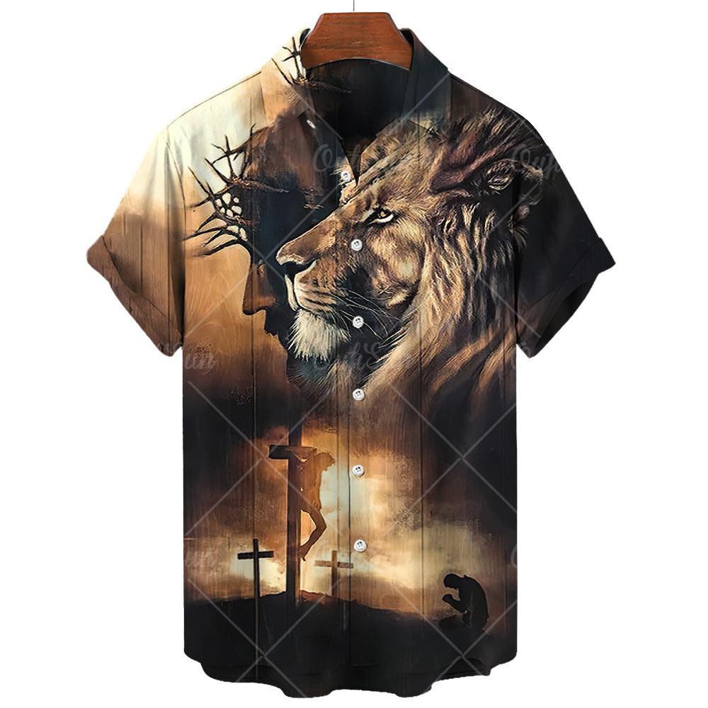 เสื้อเชิ้ตแขนสั้นลําลอง พิมพ์ลายกราฟฟิคสิงโต ขนาดใหญ่ เหมาะกับใส่กลางแจ้ง แฟชั่นสําหรับผู้ชาย