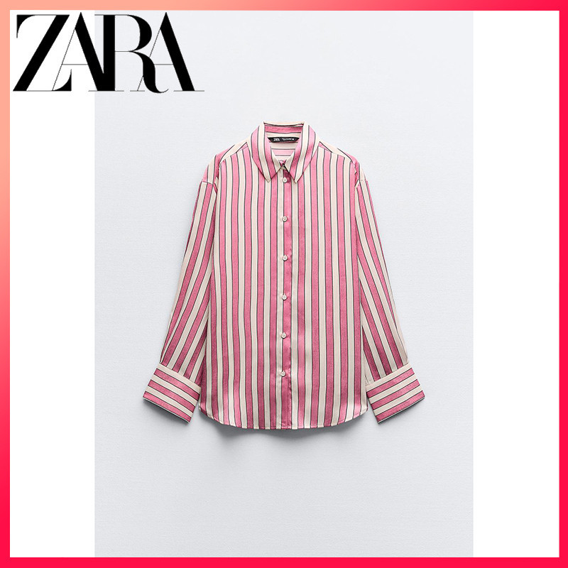 Zara ใหม่ เสื้อเชิ้ต ผ้าซาติน ผ้าไหม ลายทาง สําหรับผู้หญิง
