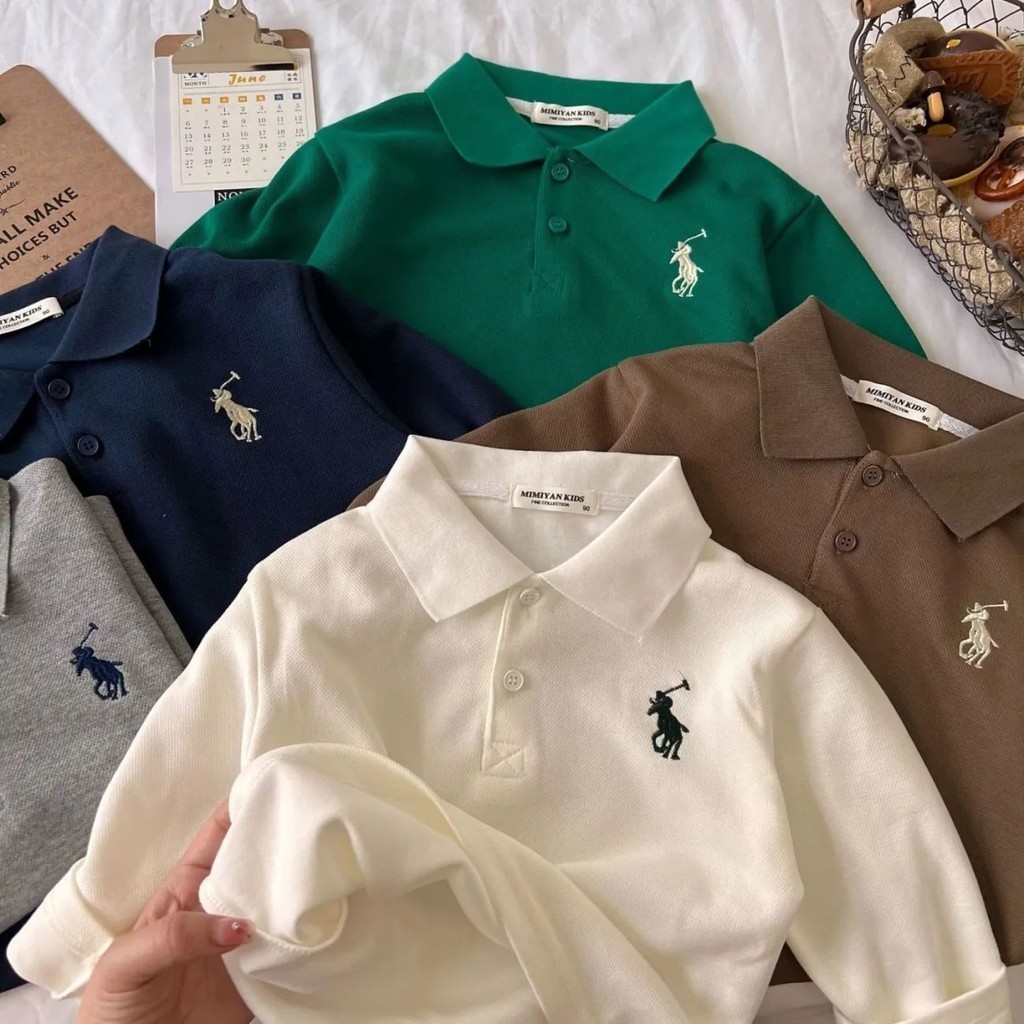 เสื้อโปโลแขนยาวเด็กผู้ชาย    ฤดูใบไม้ผลิและฤดูใบไม้ร่วงสไตล์ใหม่ปักปกหลวมแฟชั่นลำลองผ้าฝ้ายหล่อเข้าได้หลายชุดเสื้อยืด