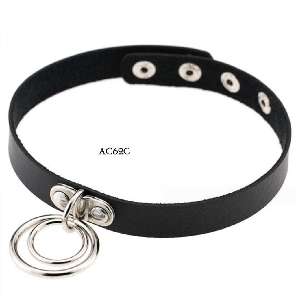 Punk Style Choker Gic สร้อยคอผู้หญิงสีดําจี้กลมคู่ขนาดฟรี Ac62C