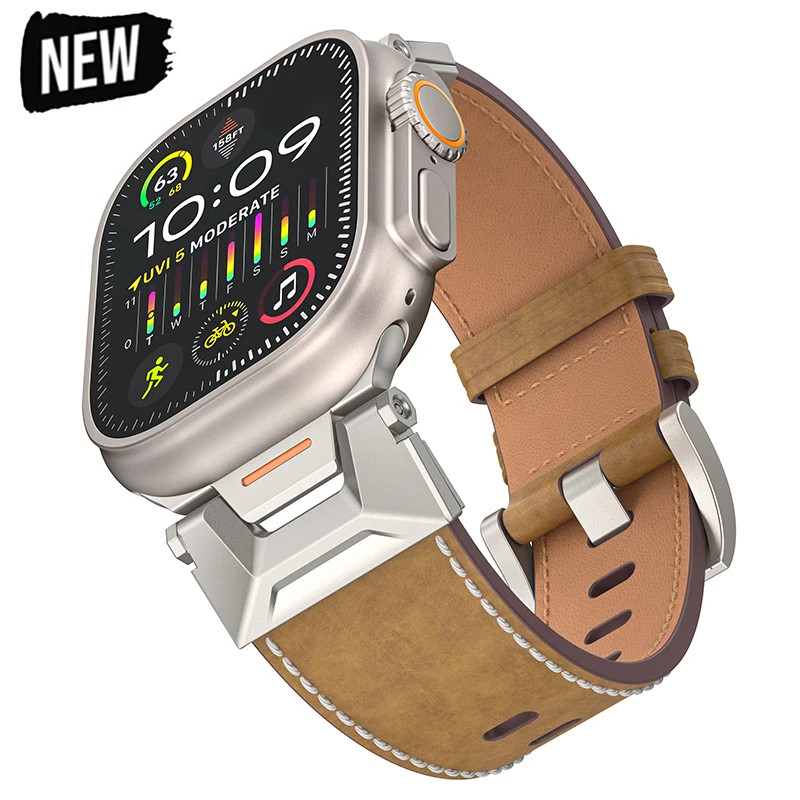 สายนาฬิกาข้อมือหนังวัวแท้ และตัวเชื่อมต่อไทเทเนียม สําหรับ Apple Watch Ultra 2 49 มม. 45 มม. 42 มม. 44 มม. Iwatch Series 9 8 7 6 5 4 Se