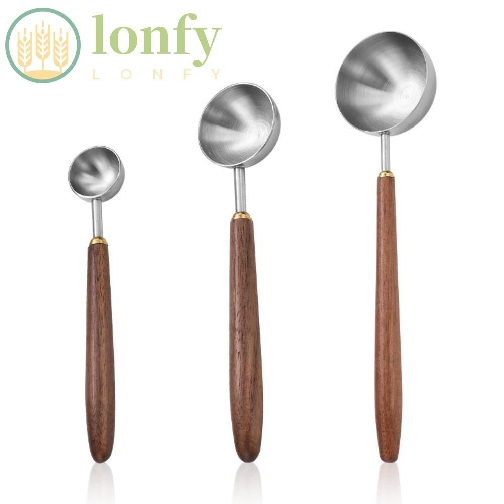 Lonfy ช้อนตวง สเตนเลส 304 ด้ามจับไม้ เกรดอาหาร สําหรับตักไอศกรีม กาแฟ
