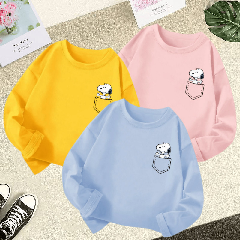 เสื้อยืดคอกลม แขนยาว พิมพ์ลายการ์ตูนสนูปปี้ สีแคนดี้ เข้ากับทุกการแต่งกาย แฟชั่นฤดูร้อน สําหรับเด็กผู้ชาย และเด็กผู้หญิง อายุ 3-12 ปี