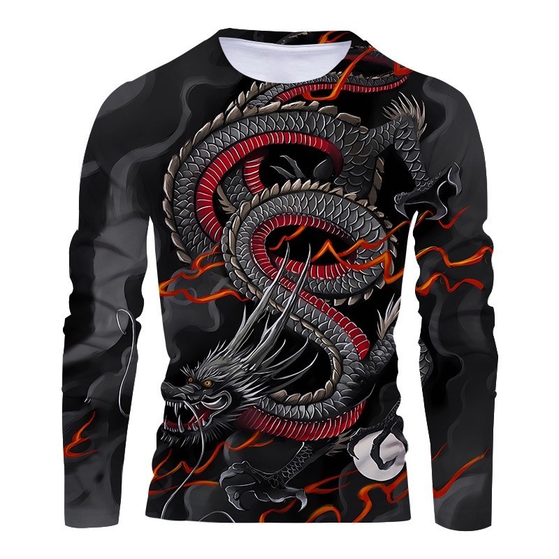 เสื้อยืดลําลอง แขนยาว พิมพ์ลายมังกร 3 มิติ คุณภาพสูง สําหรับผู้ชาย และผู้หญิง