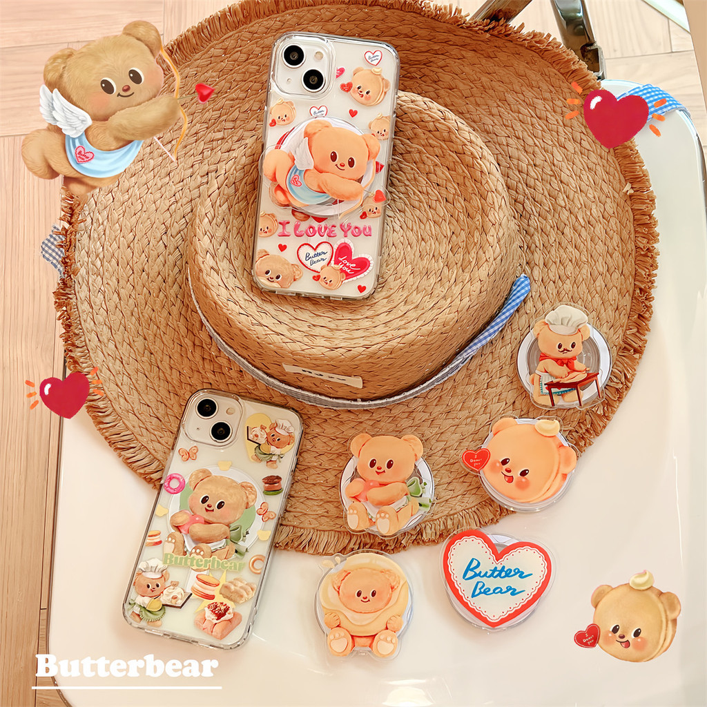 เคสโทรศัพท์มือถือ TPU กันกระแทก ลายหมีเนย พร้อมขาตั้งแม่เหล็ก สําหรับ iphone 11 12 13 14 15 Pro Max