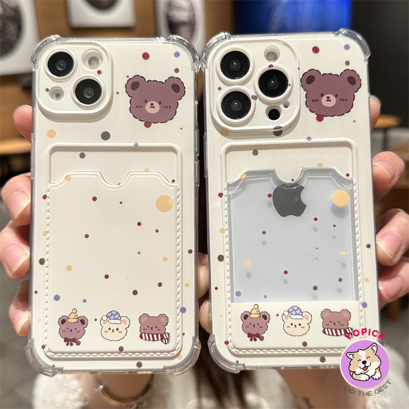 เคสโทรศัพท์มือถือ ซิลิโคนนิ่ม ลายการ์ตูนหมีน่ารัก พร้อมช่องใส่บัตร สําหรับ Iphone 15promax 13 14pro 11 12 x xr 8plus