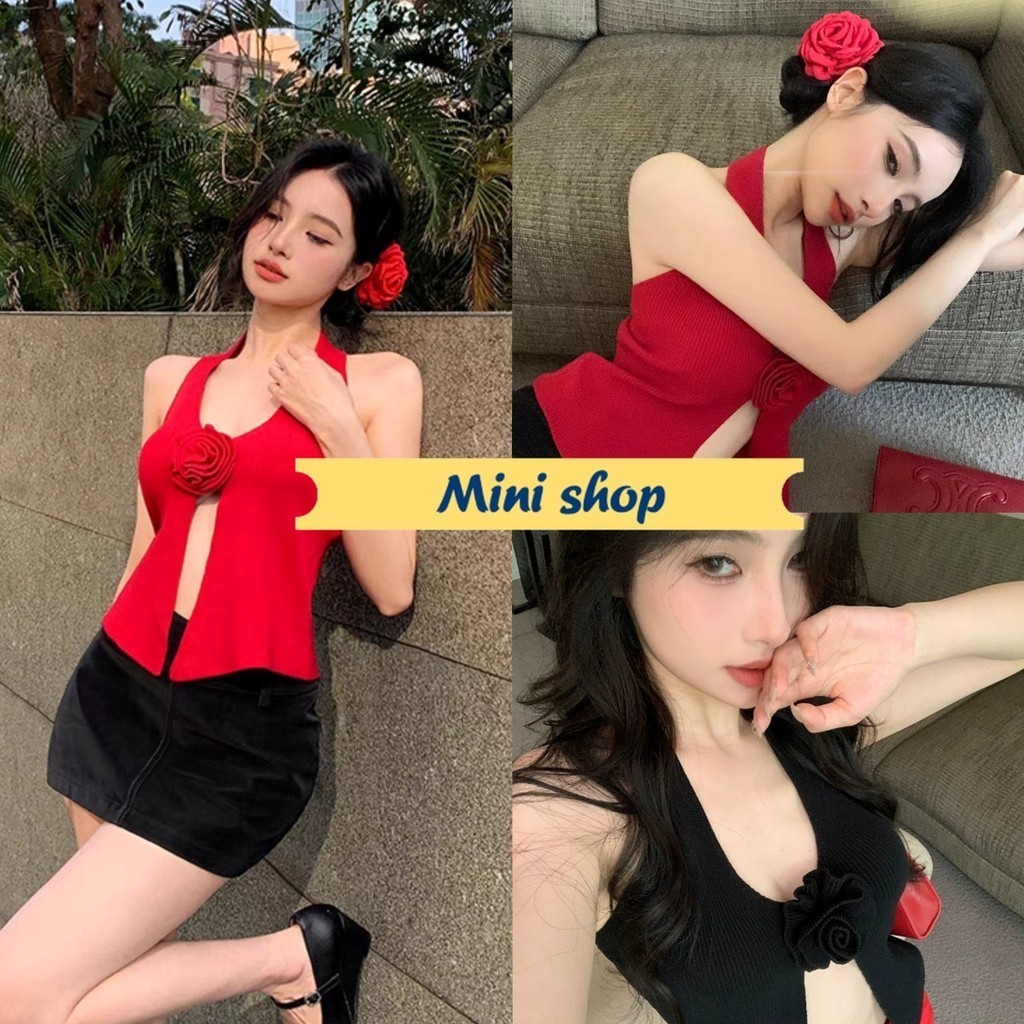 Mini shop🌸พร้อมส่ง🌸 (B10) เสื้อชั้นในสตรีผูกเชือกถักลายดอกไม้สามมิติ เหมาะสำหรับฤดูร้อน คอวี เปิดไหล่สุดเซ็กซี่ ผ้าถัก