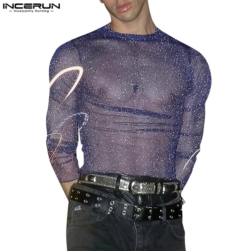 Incerun เสื้อยืด คอกลม แขนยาว ลายกลิตเตอร์ แฟชั่นวินเทจ สําหรับผู้ชาย