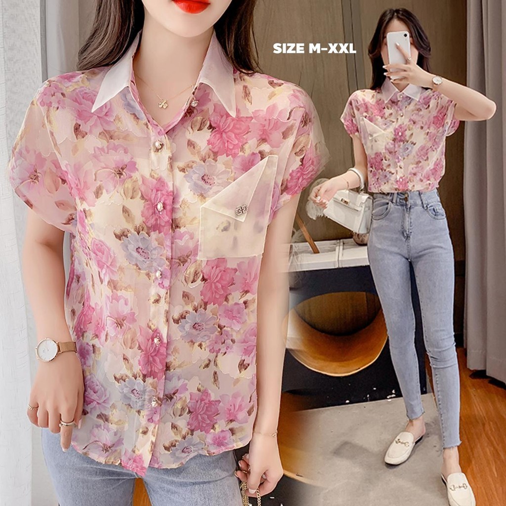 KOKO W328 เสื้อคอปกแขนล้ำแฟชั่น แขนสั้น เสื้อฮาวาย สีชมพูลายดอกไม้ ผ้าชีฟองพรีเมี่ยม