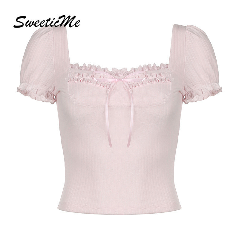 Sweeticme ใหม่ เสื้อยืดแขนสั้น คอสี่เหลี่ยม ประดับโบว์ สีพื้น แฟชั่นสําหรับผู้หญิง 2024