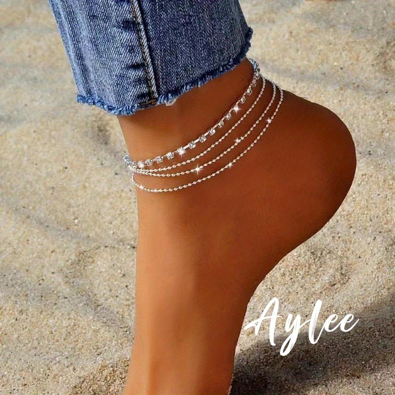 [Aylee]Silver Alloy Claw Diamond Chain Anklet Multi-Layer Beaded Chain Ankletผู้หญิงB245