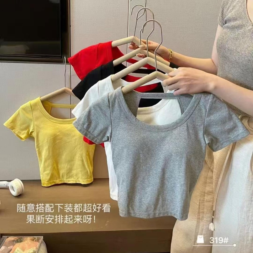 YY80 เสื้อครอปท็อป แขนสั้น  ว้าวหลังคอกลม แมทช์ง่าย น่ารักเรียบง่าย ออกเดท