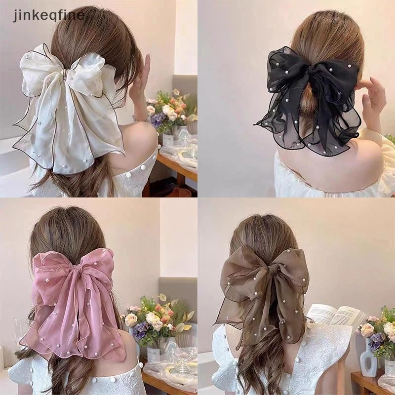 KTH แฟชั่นริบบิ้น Pearl Bow กิ๊บติดผมผู้หญิงชีฟอง Bowknot หางม้าคลิป Pin Bows Barrette หวาน Headwear อุปกรณ์เสริมร้อน